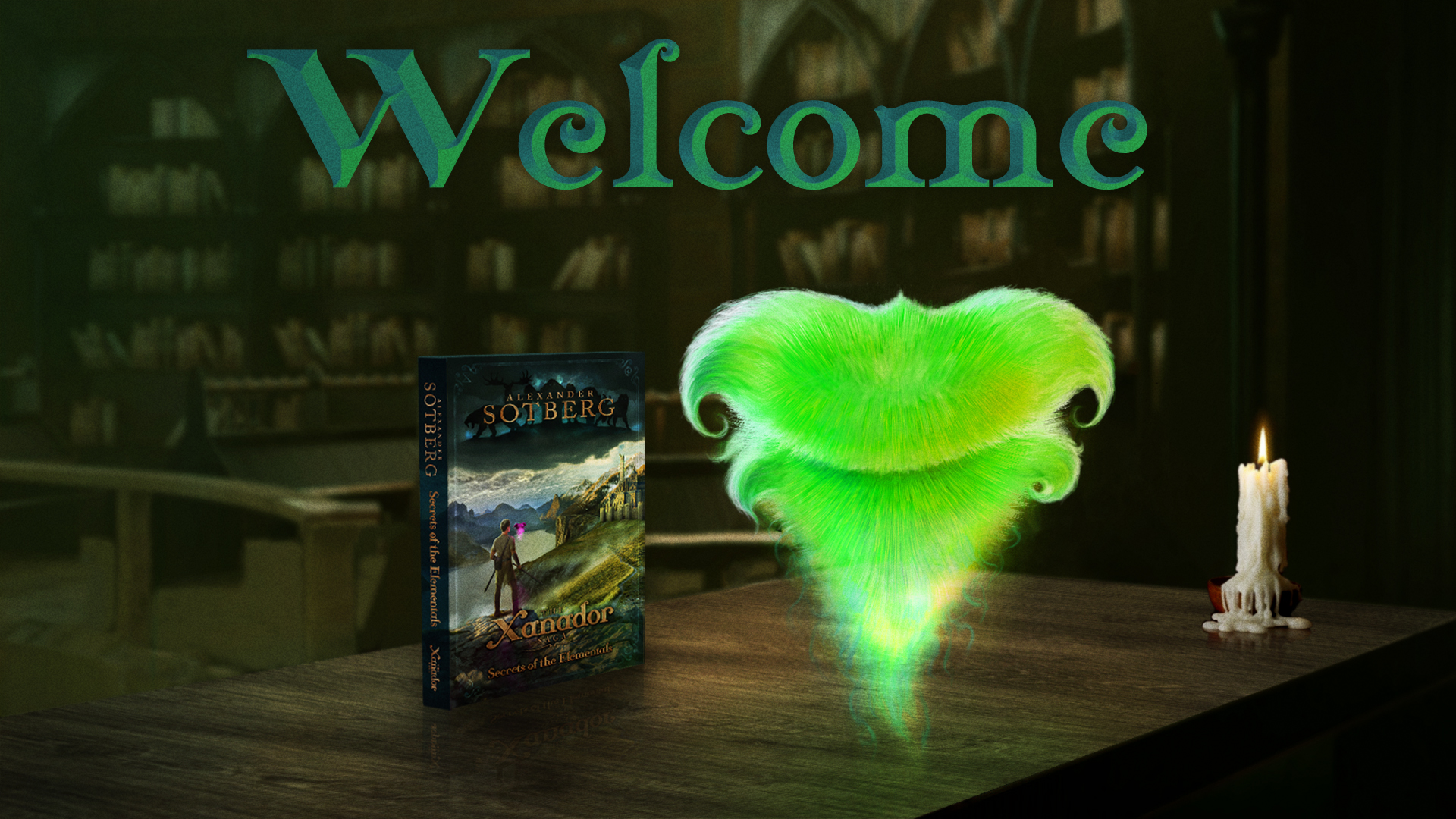 A welcome banner to Alexander Sotberg's website with a picture of a Sparq and the book Secrets of the Elementals